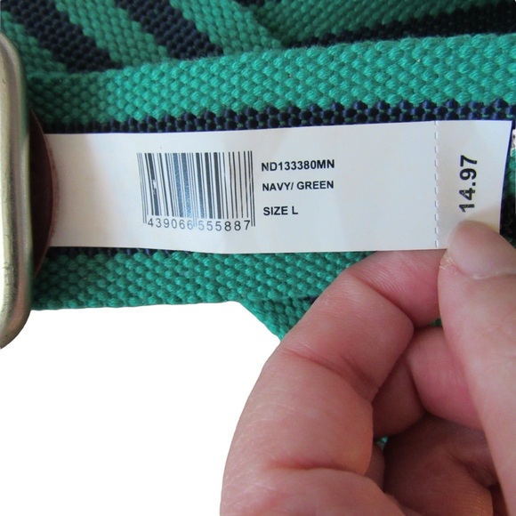 Nordstrom 1901 Mens Navy Blue Green Striped Ribbon Belt Size Large Double D Ring - Picture 7 of 8
